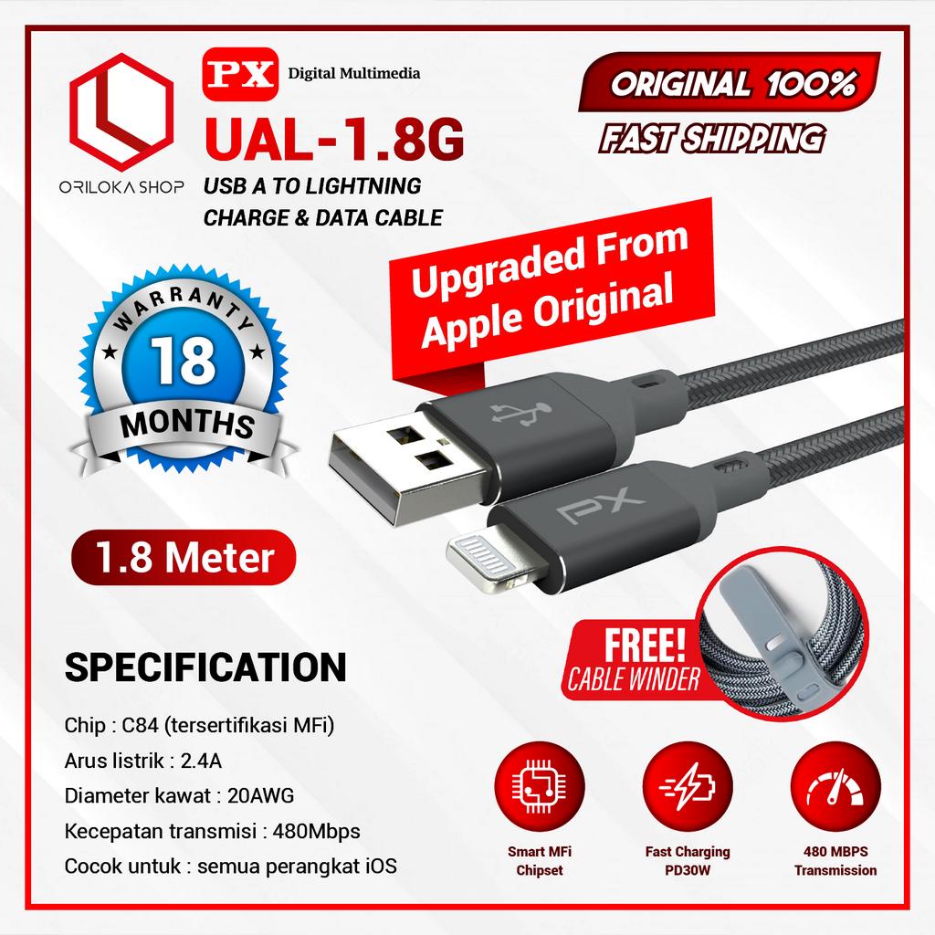 PX UAL-1.8G 2 in 1 Kabel Data USB A to Lightning Fast Charging MFi - Garansi Resmi PX