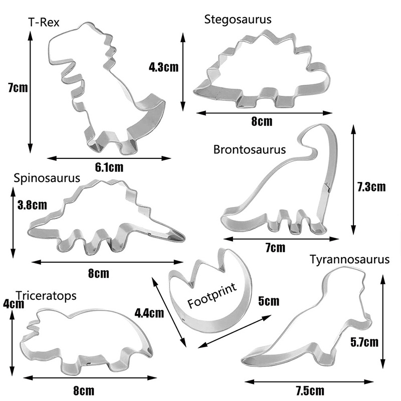 7 Pcs Cetakan Kue / Biskuit / Permen Bentuk Dinosaurus Bahan Stainless Steel Untuk Pesta