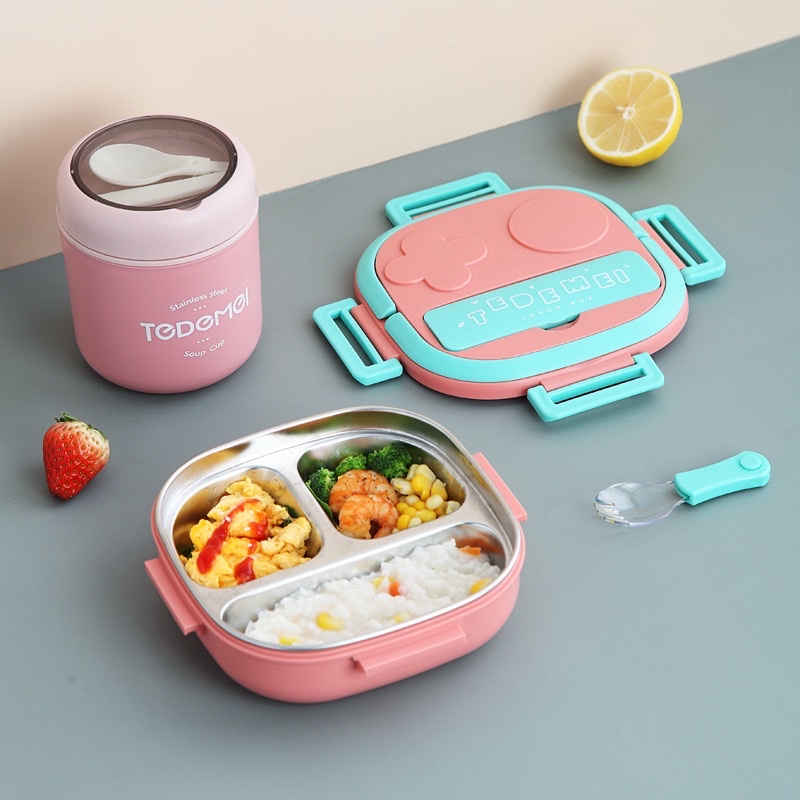 Kotak Makan Anak Stainless 304 Bekal Makan Set Lunch Fit Kotak Makan Lunch Box Set Wadah Bekal Anak Stainless 3 Sekat Kids Lunch Box Set Premium Rantang Makan Luchbox Bento