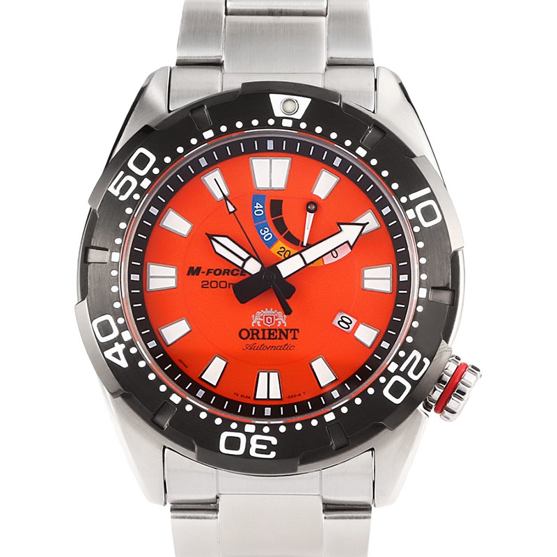 Jam Tangan Pria Orient M-Force Bravo SEL0A003M Automatic Diver 200M Orange Dial Stainless Steel Stra