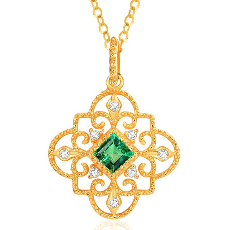 [Ready Stock]Fashion Gold-Plated Diamond Flower Emerald Pendant Necklace