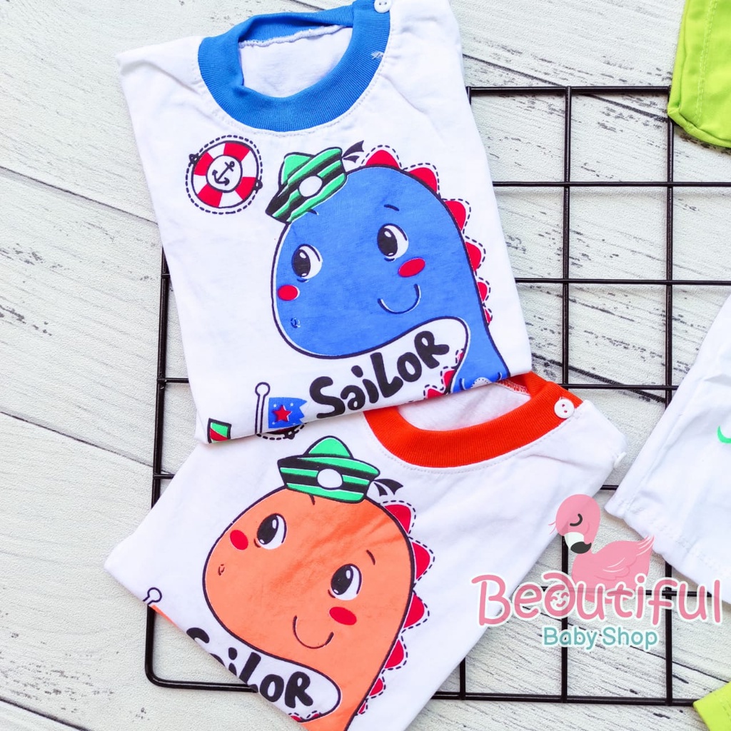 Setelan Baju Bayi Lengan Pendek Motif Dino Sailor / Setelan Pendek Bayi Murah / Baju Bayi Pendek / Baju Harian Bayi / Baby.ou_