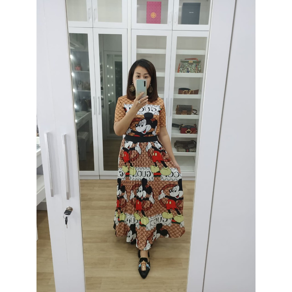 set kemeja rok printing motif mickey gucci bahan hyget