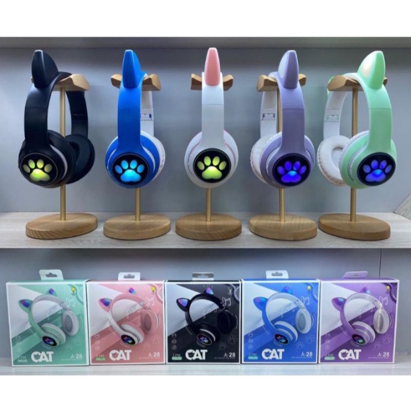 HEADSET HANDSFREE BLUETOOTH EAR CAT LED STN-28 HEADPHONE WIRELESS BANDO CAT STN-28