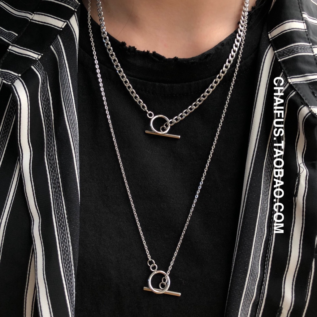 Kalung Rantai titanium steel Dua Lapis Dengan Liontin OT Gaya Harajuku Untuk Pasangan / Pria / Wanita