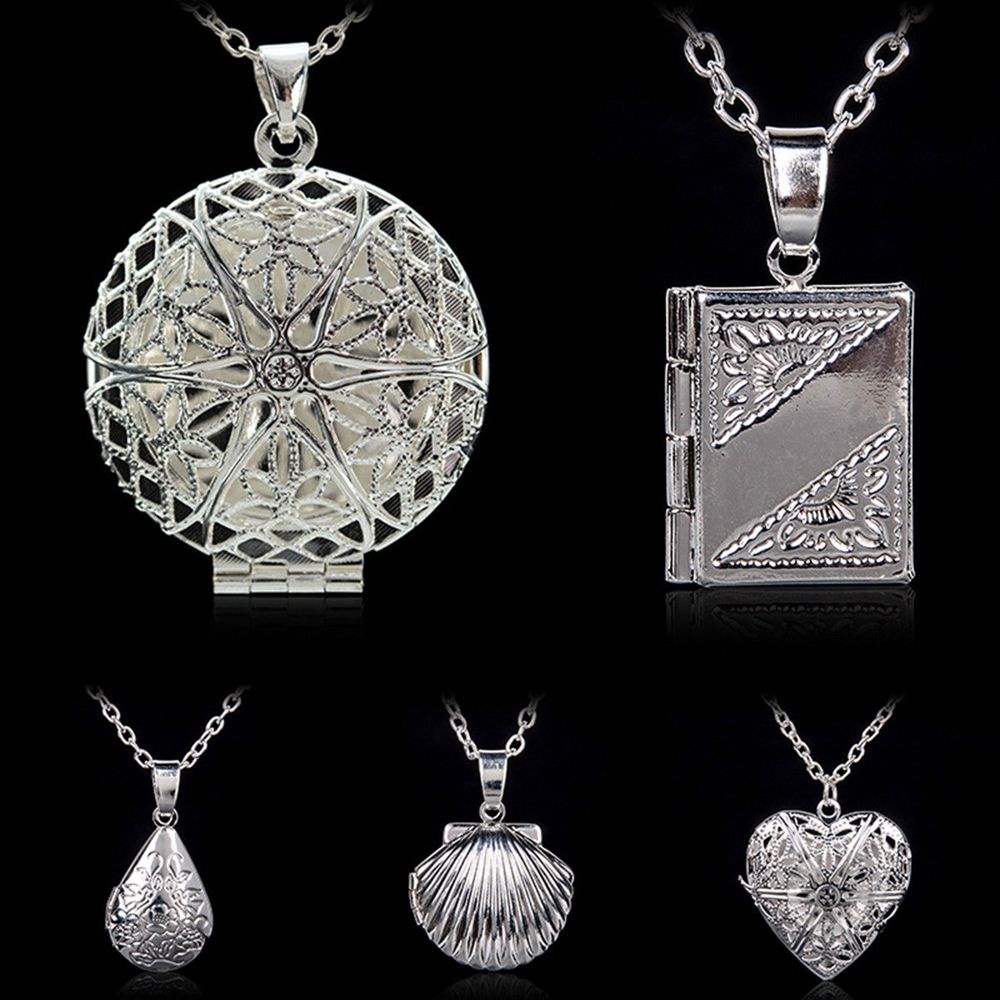 ROW New Chain Silver Picture Locket Necklaces Hollow Memory Heart Drop Shell Openable Photo Frames Pendant