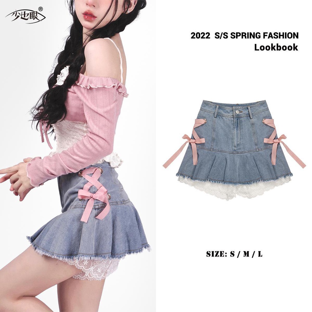 #Sisjuly# Rok denim bertali merah muda wanita rok kasa putih mempesona rok pendek pinggang tinggi ba