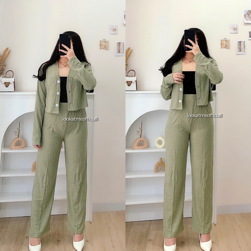 Lookatmeofficial • Set Casey Premium Knit (Cardi+Pants) / Setelan Wanita Crop dan Celana Kulot-Green