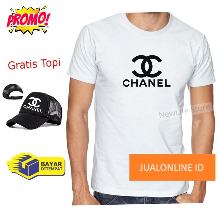Beli Baju Gratis Topi - Kaos Distro Chanel Hitam Premium Pria Wanita Lengan Pendek