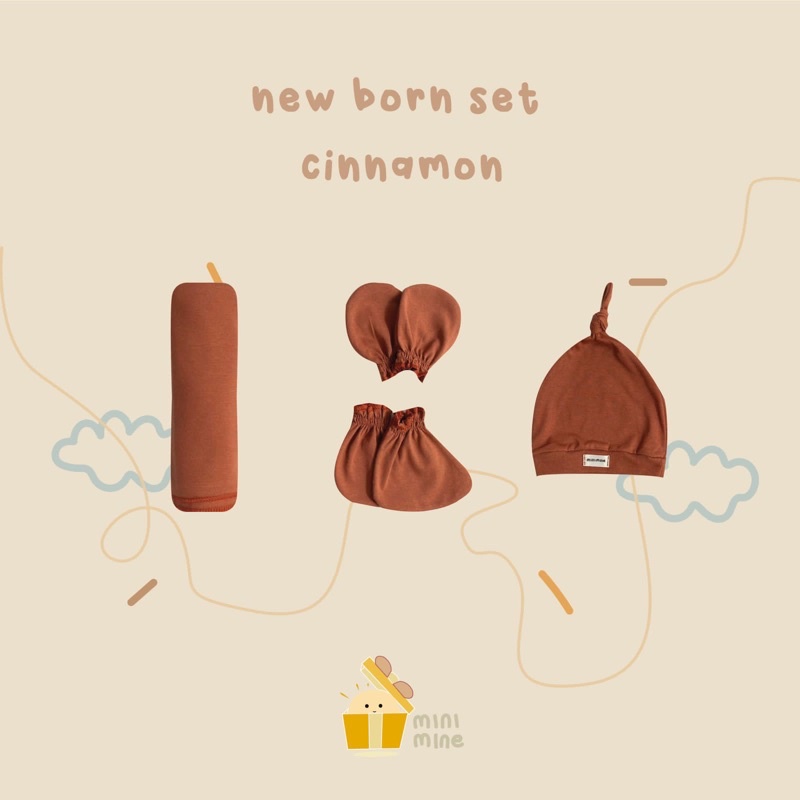 Minimine - New Born Set New Color ( Swaddle + Knot Hat + Mitten and Botties ) berisi bedong, topi, dan sarung tangan dan kaki bayi baru lahir-CINNAMON