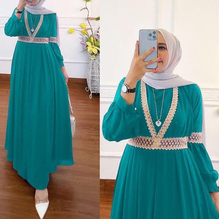 COD - Qaisha Dress Muslim Ceruty Aksen Renda Import Premium Fashion Gamis Gaun Maxy Lebaran Pesta Kondangan Terbaru-8