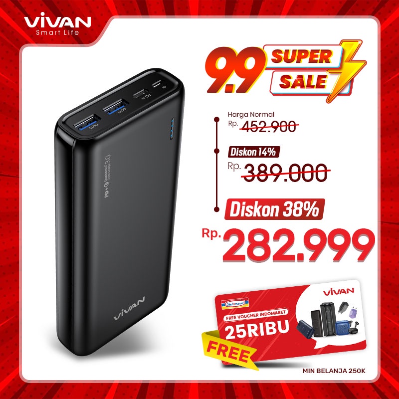 PowerBank VIVAN 20000mah VPB-W20 22.5W 3 Output Dual Input Port Type C &amp; Micro USB Original Fast Charging Quick Charging PD 3.0 QC 3.0 Real Capacity - Garansi Resmi 1 Tahun ORIGINAL