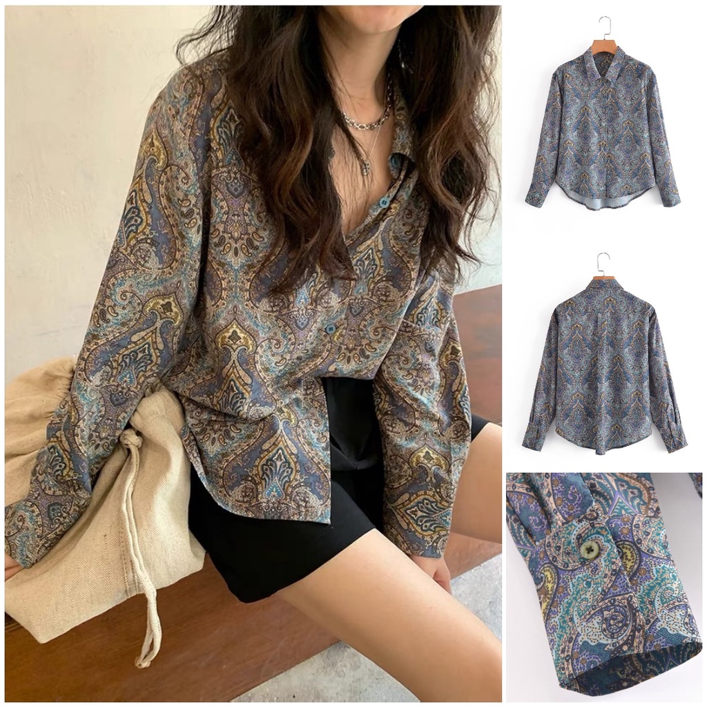 KEMEJA RETRO WANITA KOREA GAYA VINTAGE UNGU MODEL LENGAN PANJANG 6VEN3357