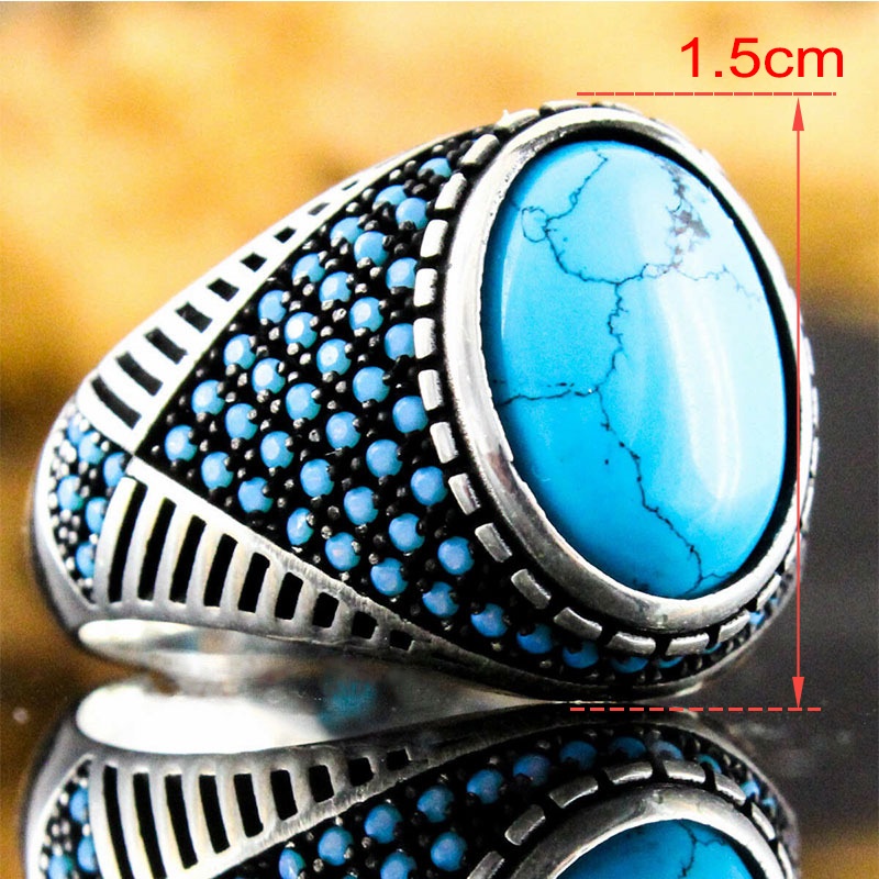 Cincin Bahan Titanium Steel Warna Silver Hias Mutiara Turquoise Gaya Vintagepunk Untuk Pria