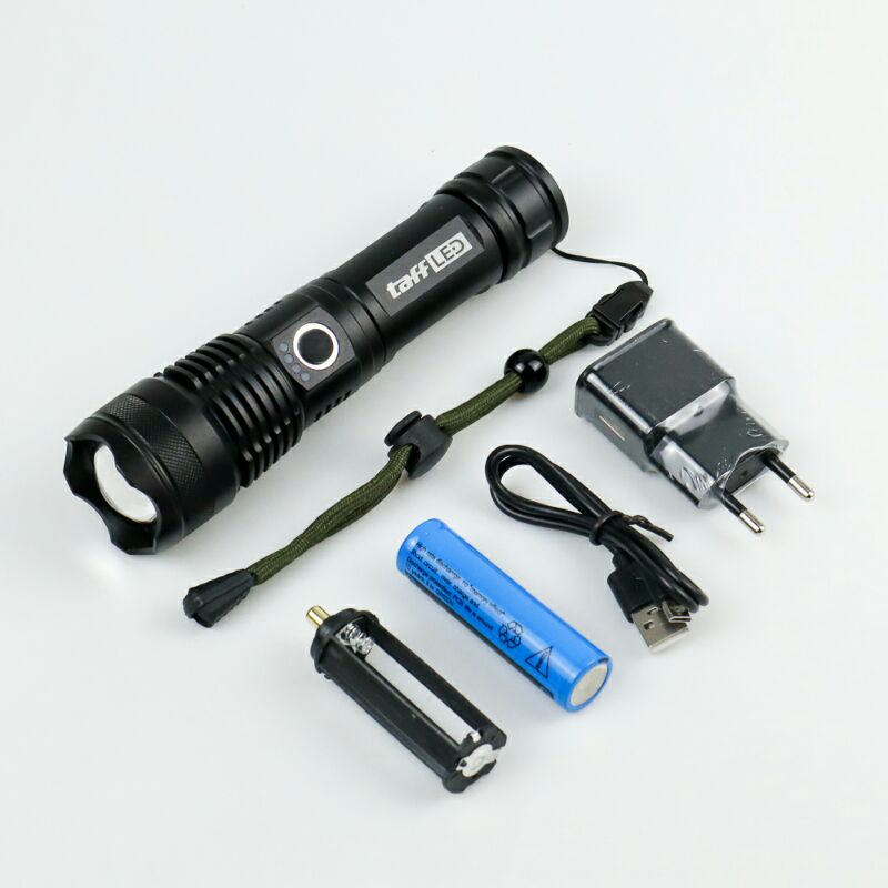 Senter LED Flashlight USB Rechargeable XHP50 With 1x18650 + EU Adaptor JHS522X