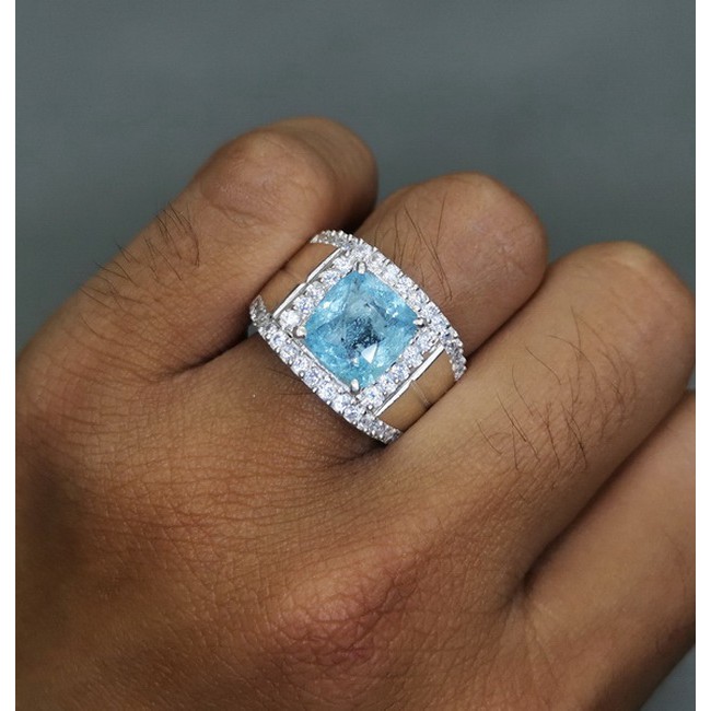 Cincin Batu Natural Aquamarine Asli Ring Perak