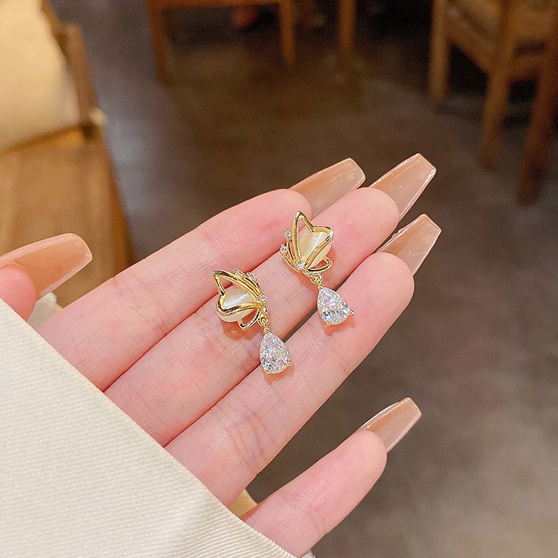 Anting Tusuk Gantung Bahan Sterling silver 925 Hias Opalzircon Gaya Mewah Berkilau Untuk Wanita