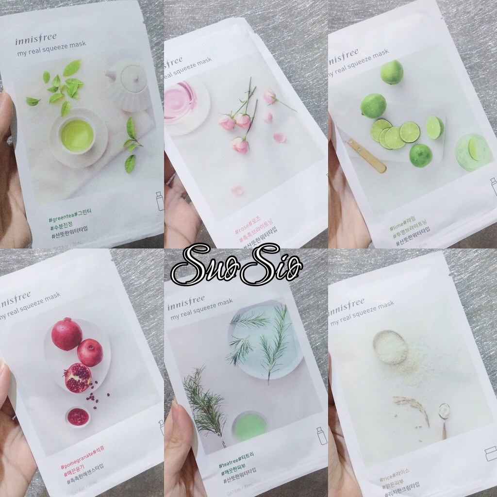 Innisfree Real Squeeze Mask Sheet 20ml Rose Lime Pomegranate Greentea Tea Tree Rice
