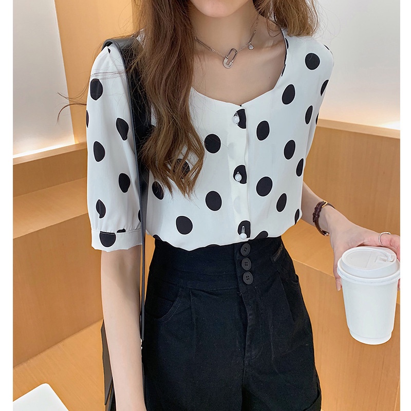 #Sisjuly# Wanita musim panas baru retro gaya barat polka dot kemeja sifon atasan lengan pendek wanit