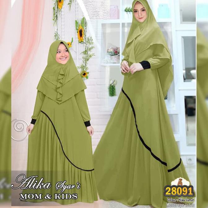 [[BISA COD]] Gamis Syari Couple Alika Ibu dan anak - Hijau Lumut Kode 1141