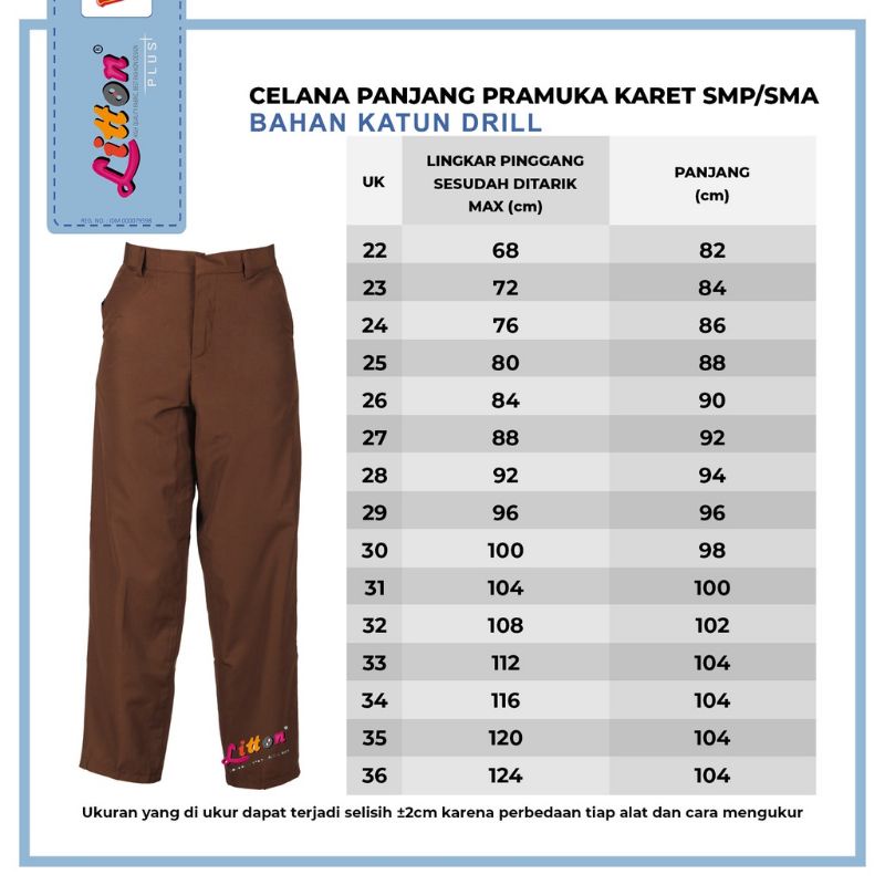 Celana Panjang Pramuka LITTON OXFORD Pinggang Karet 22-36 / Seragam Sekolah Pramuka