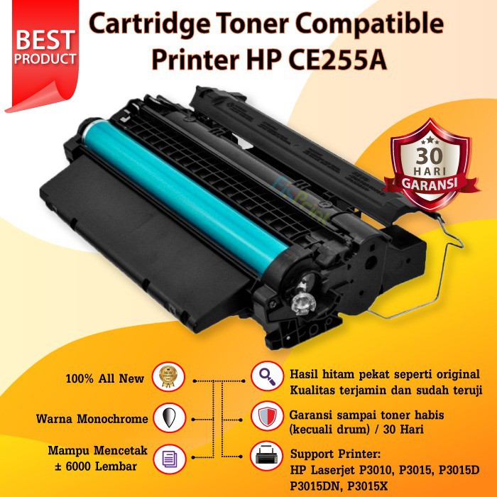 Cartridge Toner Compatible HP CE255A 55A, Printer HP Laserjet P3010 P3015 P3015D P3015DN P3015X