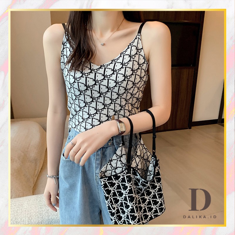 Tanktop Wanita Korea Kamisol motif Di*r Hitam Putih V neck Tali Adjustable Bra Dalika