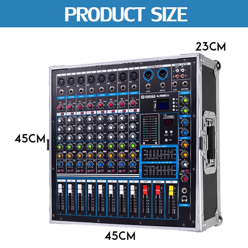 Mixer Audio Profesional GJS-8/GJS-8S 8 saluran dengan efek 16DSP bawaan Penguat daya 1800 watt 2 saluran Dilengkapi dengan 2 mikrofon nirkabel UHF Penyesuaian EQ equalizer 7-band 2-lapisan Bahan kotak udara Mendukung pemutaran Bluetooth/USB/PC/MP3