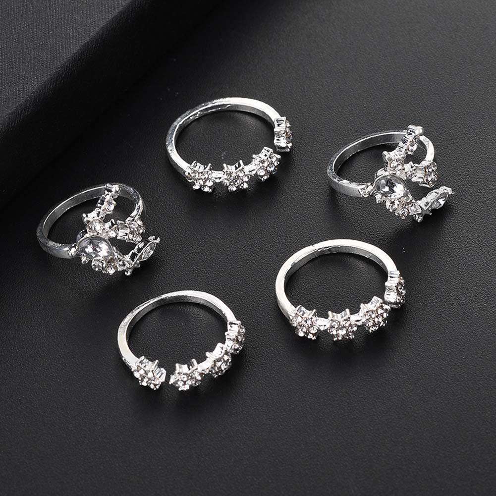 Hu Hu Hu Hu Hu Alat Bantu Pasang Kacamata♡ 5pcs / Set Cincin Susun Desain Bulan / Bintang / Bunga Hias Berlian Imitasi Untuk Wanita