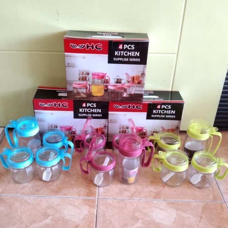 Tempat/ Wadah Bumbu Dapur  Set Kaca 4 Pcs HC
