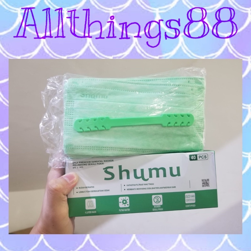 Masker Medis SHUMU PREMIUM 4 Ply 1 Box isi 40 pcs BFE 99% EMBOSS SHUMU ORIGINAL - ISO Earloop Hijab