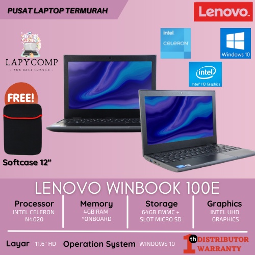 Lenovo Notebook 100e  - 11.6&quot; - Ram 4Gb On Board - Proc Intel N4020 - 64Gb Emmc - Laptop-Netbook-Notebook Baru