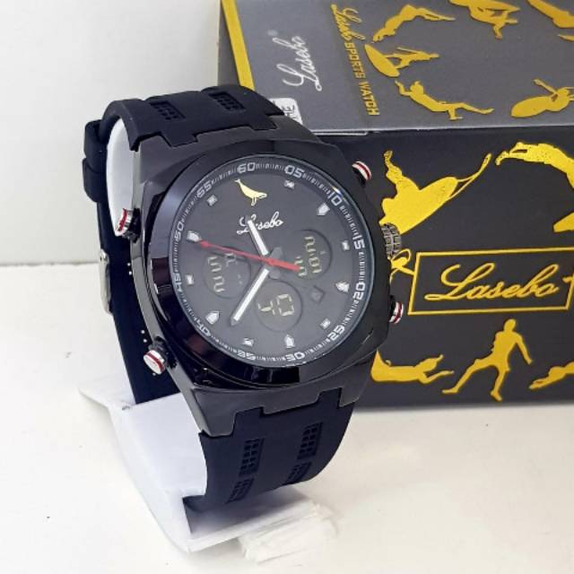 Jam tangan pria original lasebo tipe 8035 dual time rubber / jam tangan pria murah original lasebo