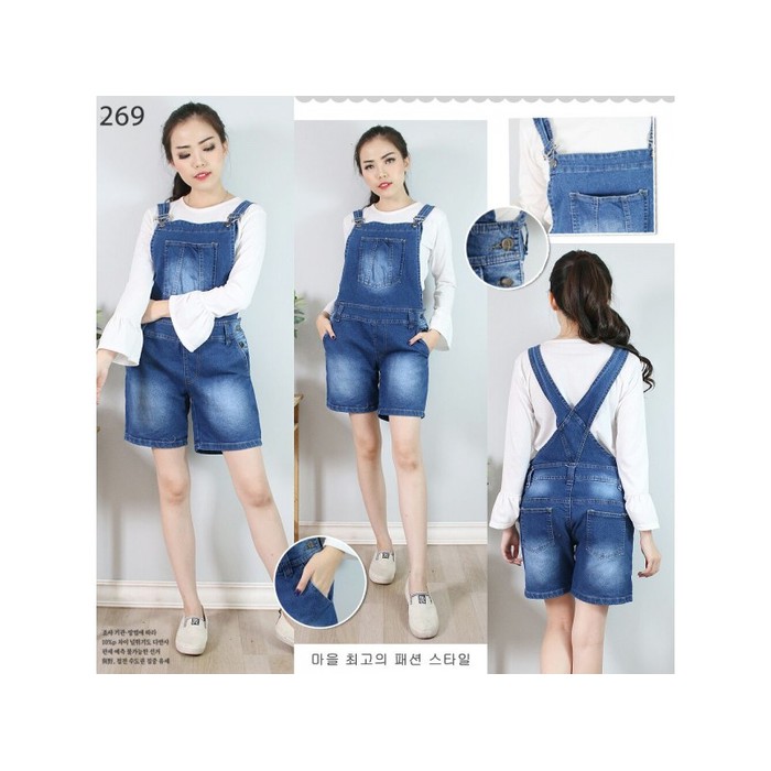 Baju Jumpsuit Overall Celana Kodok Pendek Jeans Lentur Super Jumbo 5Xl