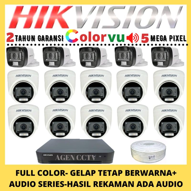 PAKET CCTV HIKVISION COLORVU 5MP 16 CHANNEL 15 KAMERA AUDIO FULL COLOR