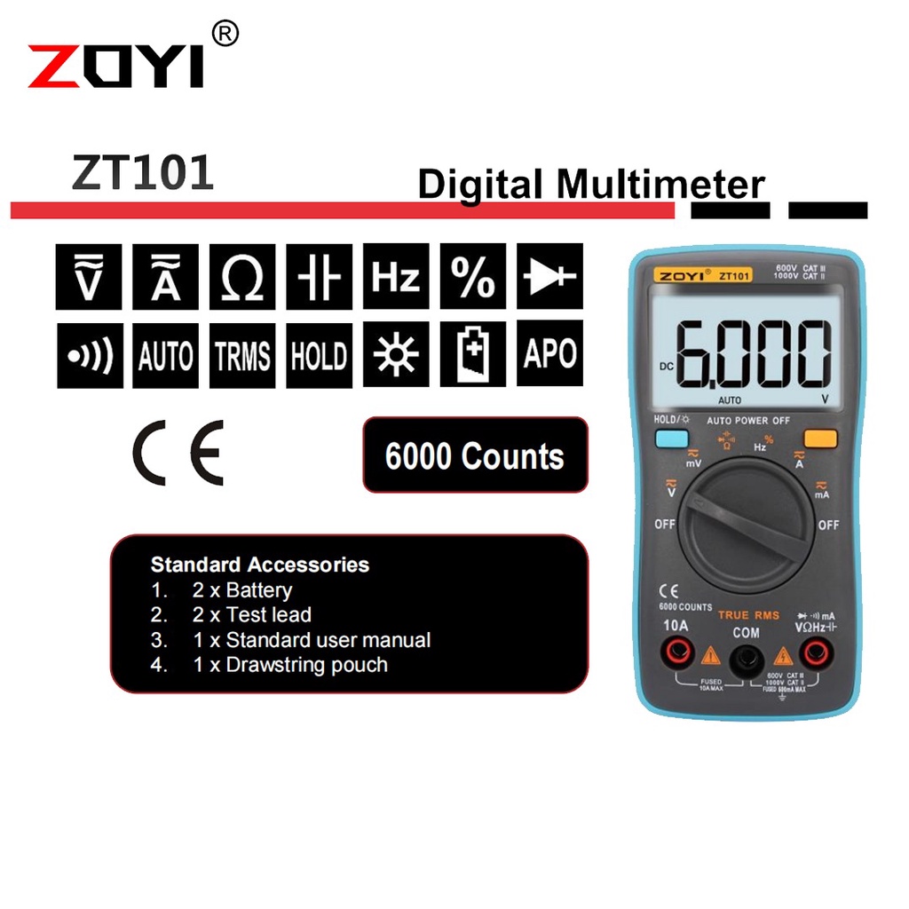 Zoyi ZT101 Digital Multimeter 6000 counts Backlight AC Current DC Current Resistance Auto Off