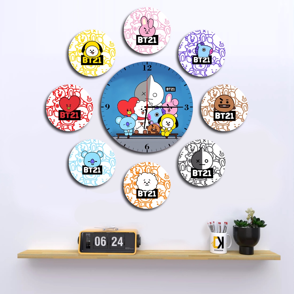 Jam Dinding Kayu Bulat Jumbo 1 Set (9 pcs) Korea BT21 rajakpop