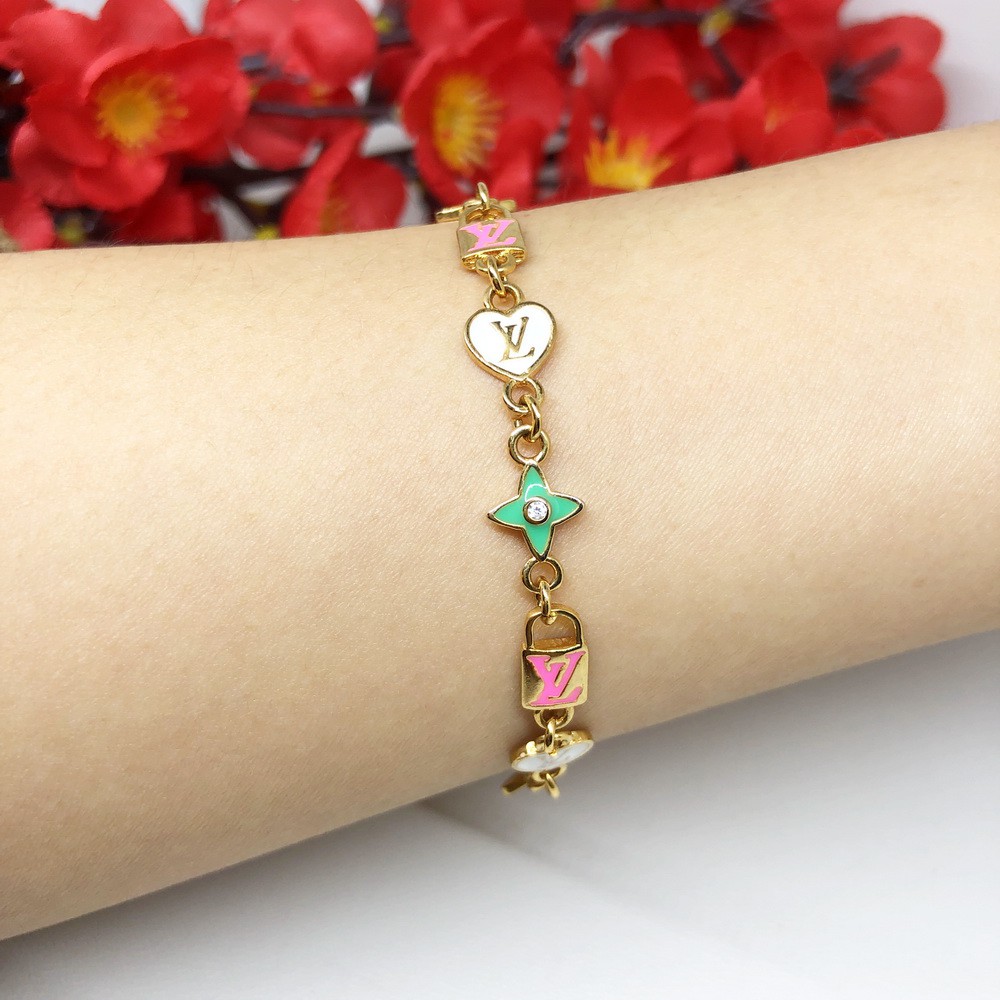 Gelang Tangan Yaxiya Love LV Warna Putih Pink Hijau Lapis Emas - BB369