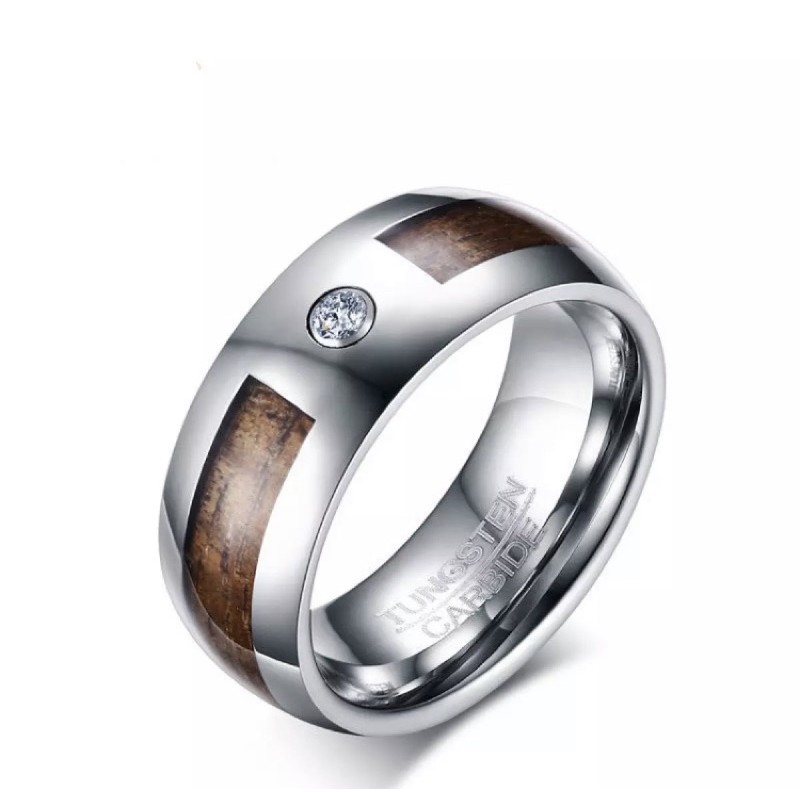 Cincin Pria Tungsten Carbide Original Motif Hawaii Koa Wood Cubic Zirconia Premium Quality