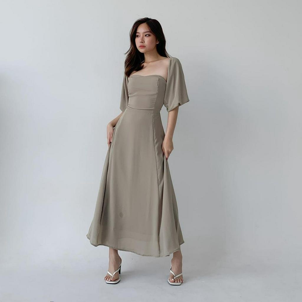 FELICIA BRIDESMAID IN SAGE GREY - PROM NIGHT GOWN - DRESS SEXY KOREA WARNA SAGE GREEN - MIDI DRESS KONDANGAN - DRESS PESTA SEXY MEWAH - WEDDING DRESS - DRESS PAGER AYU - HADIAH / KADO ULTAH CEWEK