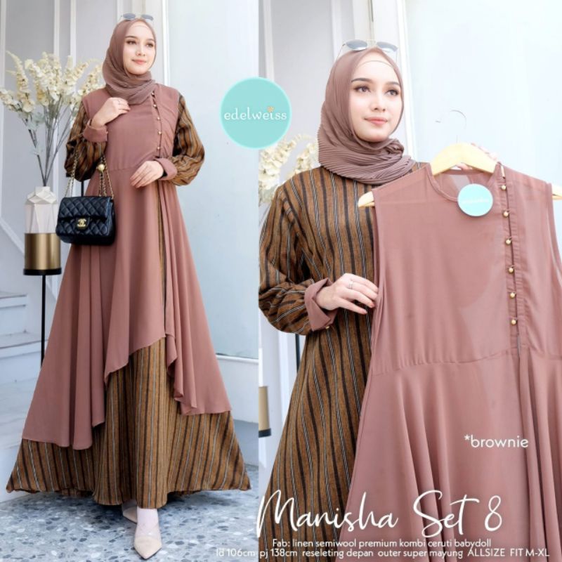 DRESS WANITA - MANISHA SET BY EDELWEISS - MAXY DRESS GAMIS MUSLIM| SETELAN DRESS + LONG OUTER BUSUI