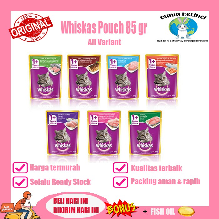 MAKANAN KUCING BASAH WHISKAS POUCH 85 GR ALL VARIAN SASET WET FOOD WISKAS