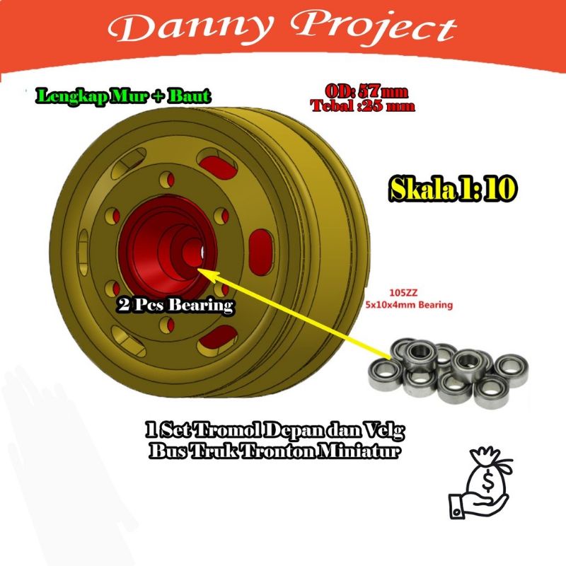 Velg Miniatur Tromol Depan Miniatur Truk tronton /fuso 1/10 1Set depan velg 57 mm