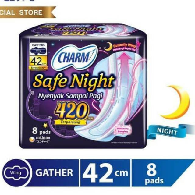 CHARM safe Night ( 42CM ISI 8 pads wing ) GATHERS pembalut wanita (no.40)