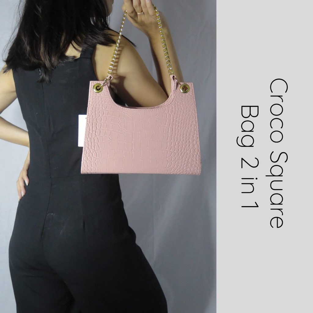 BAGGU.ID Croco Square Bag 2 in 1 / Croco Hand Bag Shoulders Bag / Tas Rantai Bahan Croco Premium