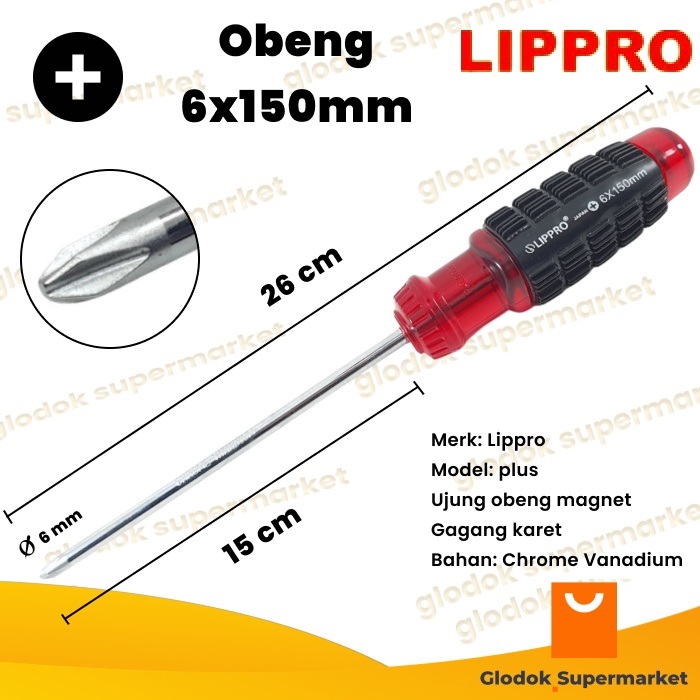 Obeng plus 6 inch Lippro Diameter 6mm Panjang Besi 15cm Magnet Gagang Karet