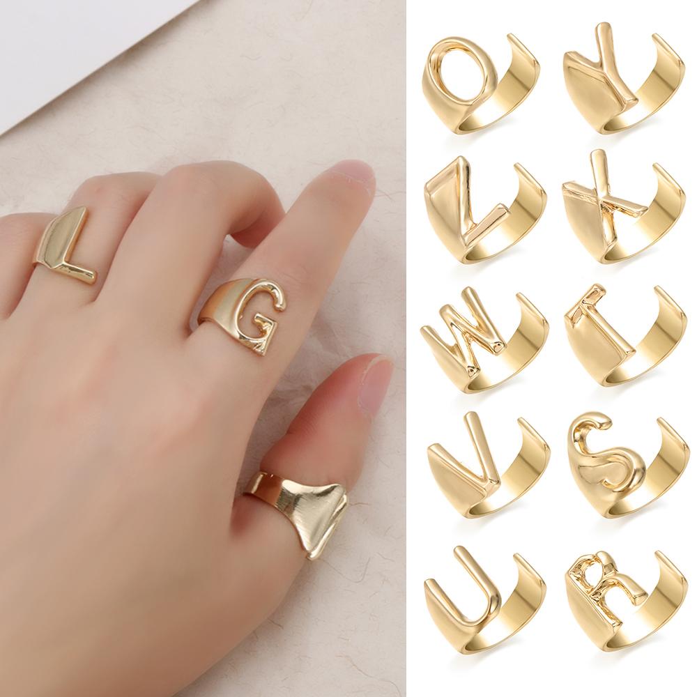Wonder Opening Ring Punk Warna Emas Inisial Nama Alphabet A-Z
