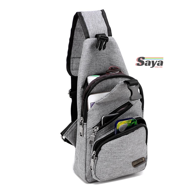 Sling Bag + USB Port Cable Tas Selempang Kanvas Pria HP Charger BA817