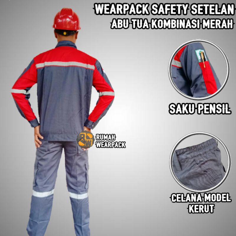 Setelan Wearpack Safety dan Celana Safety Abu Tua Kombinasi Merah