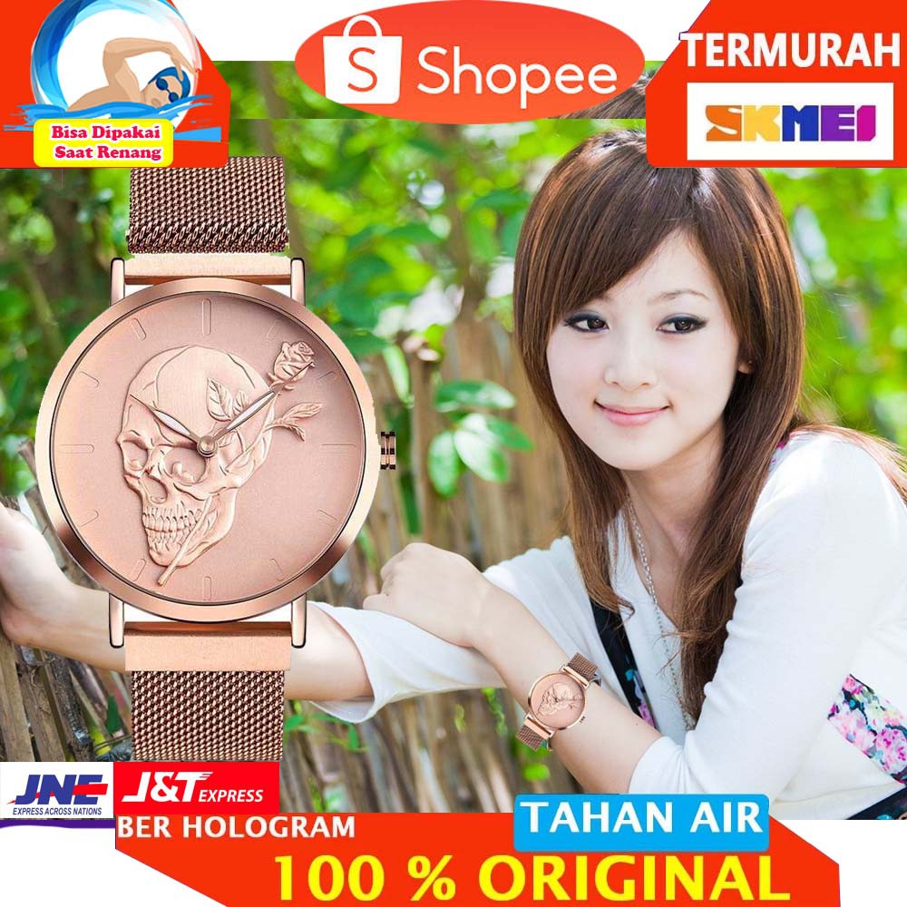 SKMEI Jam Tangan Analog Pria Wanita Motif Tengkorak Magnet Band - 9173 [Rose Gold]